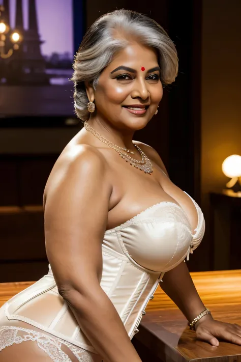 gordo, uma linda mulher indiana de 70 anoaduro), ((vestindo um lindo espartilho branco detalhado e de cobertura total)), (usando uma calcinha de cintura alta), (calcinhas plus size), (plus size bra), Realista, Gordinho, rosto liso, Olhos perfeitos, symmetr...