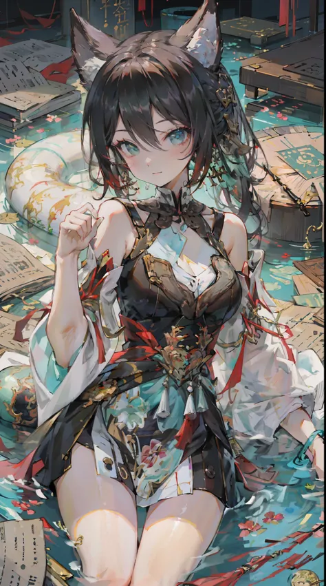 masterpiece, 1girl, tingyun, creepy smile, close-up, (monochrome:0.8), dead eyes, holding up a bell, pattern background, dark cyan tint, character in lower half of image, golden spiral type composition