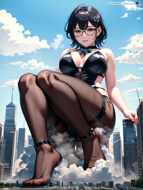 giantの芸術, 非常に詳細なgiantショット, giant, short hair, two huge beautiful girls that are bigger than a skyscraper, look face to face, wea...