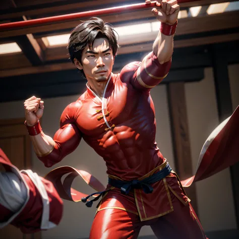 Chinese Guy Shang Chi_Super Hero, Karate pose, Red clothes, Chinese clothes, photo-realistic, octane render, unreal engine, ultra-realistic