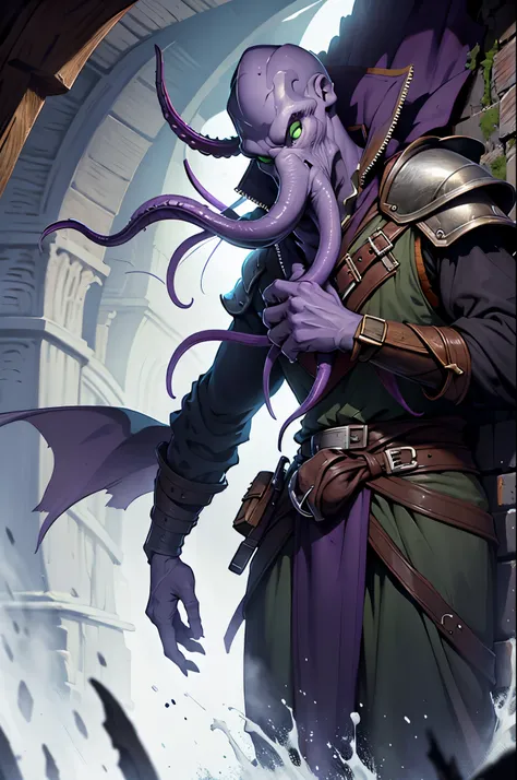 dnd, Middle Ages, fantasy, bloody hunter with a sword, (dark purple skin:1.5), tentacles for the mouth, wicked, Green eyes, without hair, scale armor