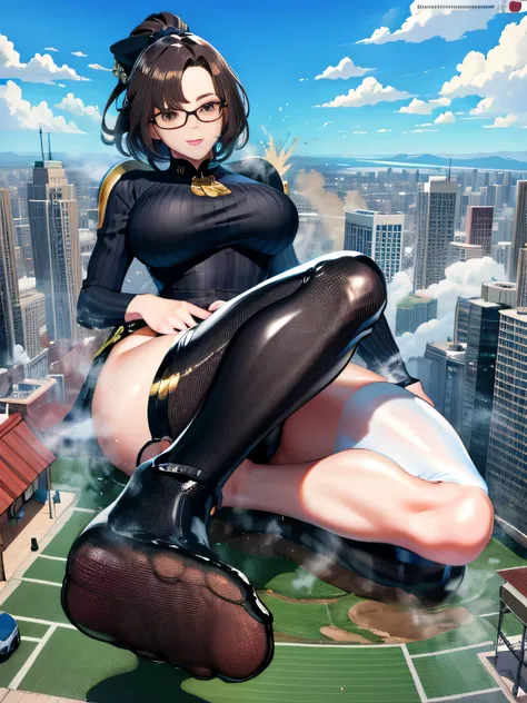 Giantの芸術, 非常に詳細なGiantショット, Giant, short hair, Two huge beautiful girls that are bigger than a skyscraper, look face to face, wearing rimless glasses, big breasts, big ass, In underwear, black pantyhose, pantyhose barefoot, Steam comes out from the soles of...