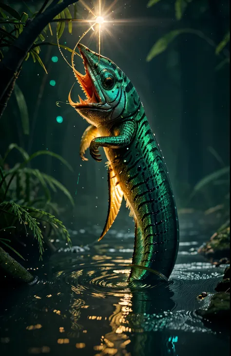 a fish with a light on its head is in the water, 3 d render beeple, realistic creature concept, detailed creature, aquatic creat...