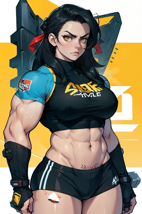 angry ((((1girl)))) (((bodybuilder))) pale skin black hair very long hair yellow eyes midriff