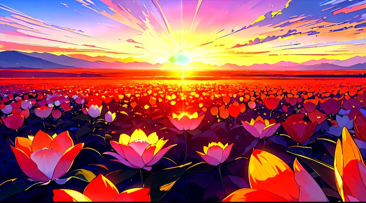 In the style of double exposure, a striking sunset would be captured inside a blooming flower. The image would be in a 16:9 aspect ratio, with a horizontal orientation that emphasizes the panoramic beauty of the natural world.