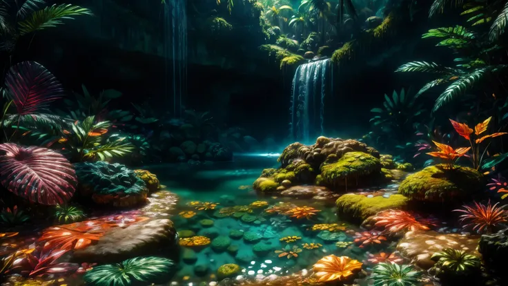 sunny tropical jungle vivid colors asymmetrical waterfall into shallow pool rough chiseled large moss covered boulders (colorful plants:1.2) volumetric fog high contrast
(masterpiece:1.2) (flat vector illustration:1.1) (best quality:1.2) (detailed) (intric...