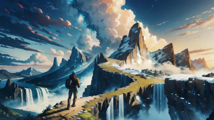 Immerse yourself in the breathtaking beauty of this best quality, high-res, ultra-detailed masterpiece. Behold a vivid landscape that ignites the spirit of adventure, with its heroic figure standing amidst grandeur. The sunlit clouds paint a glorious backd...