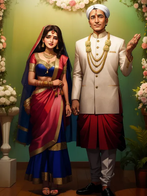 make cartoon version of this image, indian couple ,look at each other, bride & groom