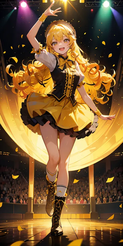 (muste piece), (best quality), very detailed, ((1 girl)), solo full body shot，Viewer&#39;s perspective，dancing，(smile)，wink，perfect face, beautiful face, very detailedな顔，((yellow hair_curly long hair_yellow eyes:1.3))，Gorgeous idol costumes，Skirt with lots...