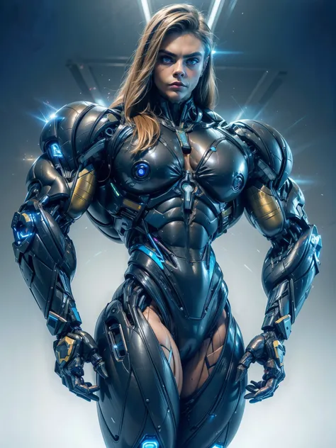 (1 girl), (cara delevingne), (muscular bodybuilder android girl wearing a tight cybernetic bodysuit :1.45), (long hair), (muscular cybernetic bodysuit), (giant veiny breasts:1.25), blank background 