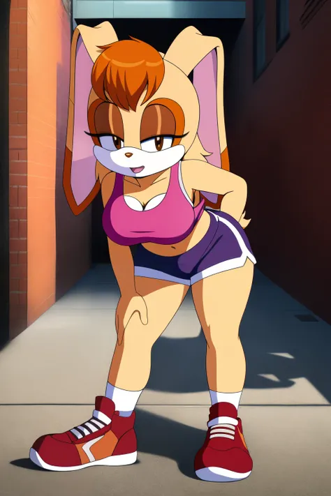 upper body, (Vanilla the rabbit:1.1), 1girl, brown hair, orange hair, Short hair, big breasts,baggy tank top (pink tank top), shorts, sport shoes, city alley, detailed, masterpiece, hips, half-closed eyes, looking at the viewer, short hair, messy hair, red...