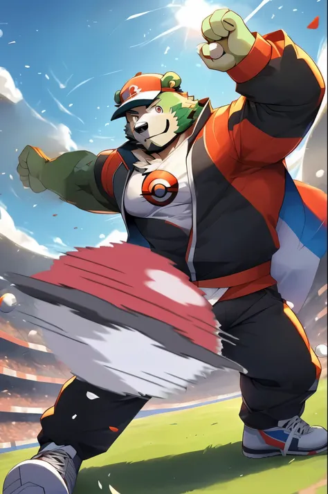 a close up of a cartoon character throwing a frisbee, pokemon sword and sheild, buizel and human fusion, official art, official splash art, high detailed official artwork, inspired by theCHAMBA, official artwork, high quality fanart, habs mascot youppi pok...