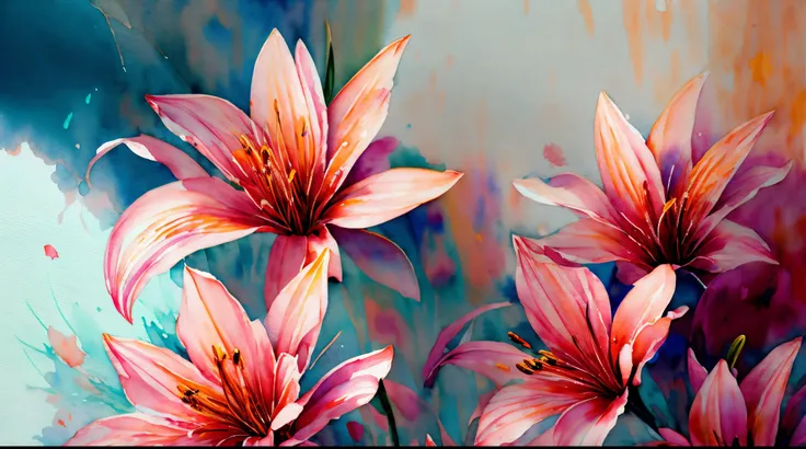 wtrcolor style, digital art of (lilies), official art, blown by the wind, masterpiece, beautiful, ((watercolor)), paint splatter, intricate details. Great detail, [dripping:0.5], trending on Artstation, Rachel Walker