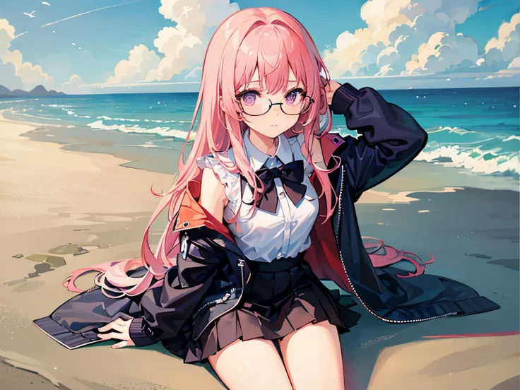 Pink Haired Girl, shyุ 25 ปี,  body, purple eyes, long hair,Green braid tied in bows left and right.....wear glasses........small breasts, Wear a white shirt... Wear a black miniskirt... From America...,(shy).....The background is a sandy beach. Picture R1...