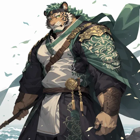 (淡翠色tiger),(翠绿色森林绿general古代战袍),holding a spear,powerful posture,standing confidently and proudly,(the background is an endless s...