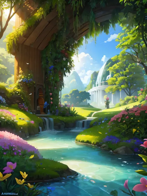 Uma casa futurista de fantasia de dois andares com telhado de vidro e cobre com um pouco de musgo, em um lindo prado com flores silvestres, uma floresta e um rio,  janelas amplas para entrada de luz natural, masterpiece, the landscape is peaceful, arte dig...