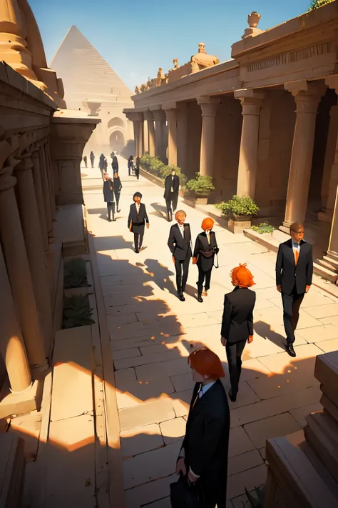 a group of 16-year-old people gathered with orange hair, black and orange suits, elegant but going to a funeral, they are sad and crying, in the background you can see an elegant Arab city with pyramids and gardens