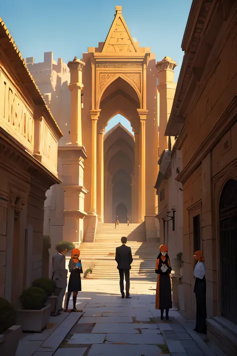 a group of 16-year-old teenagers gathered with orange hair, black and orange suits, elegant but going to a funeral, they are sad and crying, in the background you can see an elegant Arab city with pyramids and gardens