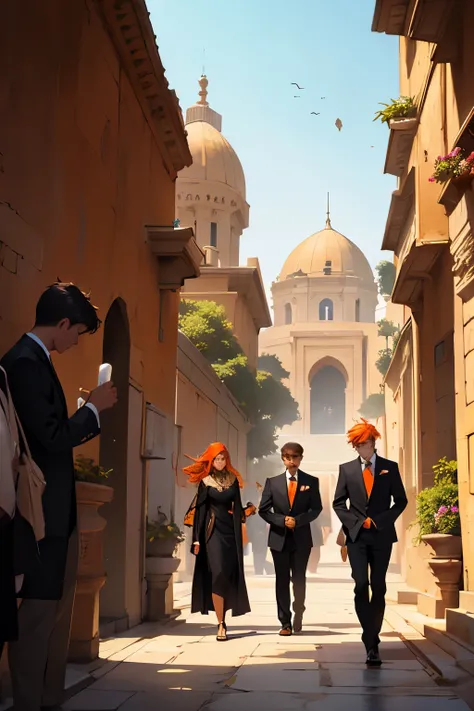 a group of 16-year-old teenagers gathered with orange hair, black and orange suits, elegant but going to a funeral, they are sad and crying, in the background you can see an elegant Arab city with pyramids and gardens