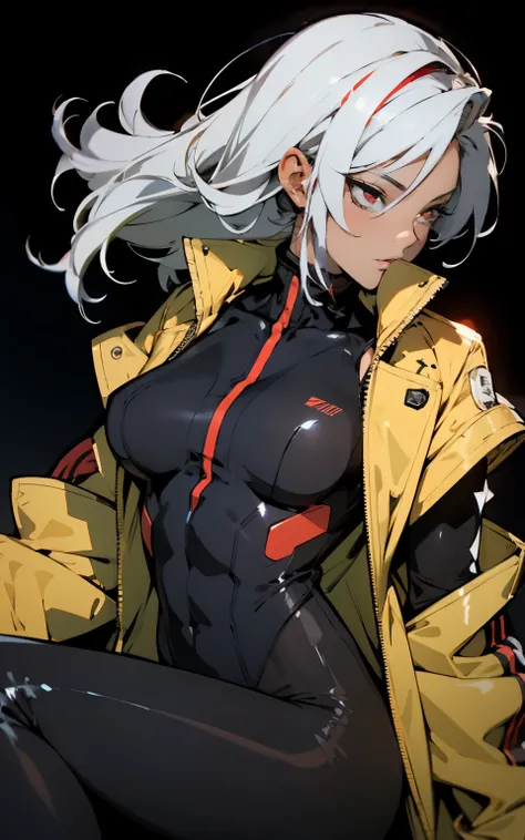 (((Muscular Black Woman))), ((Best Quality)), ((masutepiece)), (Detailed: 1.4), (Absurd), 35-year-old adult woman with Simon Bisley-style micro thong, Genesis evangelion neon style clothing, 2-piece clothing, Long white hair, arm tatoo, cybernetic hands, p...