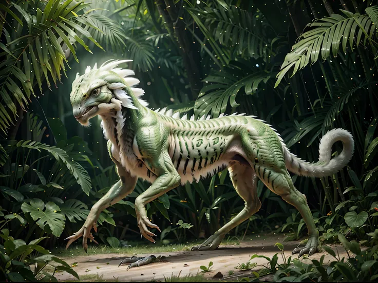 there is a painting of a green and white animal in the jungle, highly realistic concept art, digital painting highly detailed, i...