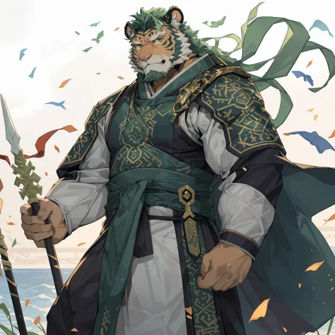 (淡翠色tiger),(翠绿色森林绿general古代战袍),Holding a spear,Powerful posture,Standing confidently and proudly,(The background is an endless sea:1.2),abdominal muscles,heroic posture飒爽,完美的masterpiece,Various facial details,distance perspective,specific description,maste...