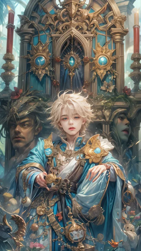 absurdres, highres, ultra detailed, HDR), masterpiece, Intricate details,best quality close-up picture of a character from Tales of the rays, handsome adult boy in tim burton style, anime eyes, Hero Outfit, in a legend of mana style of interior home design...