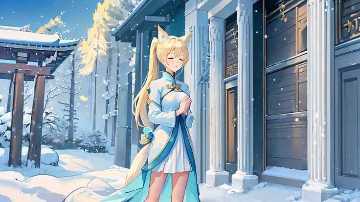 Blonde girl, pony tail, aqua mage, healer mage, praying, snowy day, on knees, entrance of a temple, five fingers, exposed breasts, white dress, realistic anime style, exposed legs, cloudy, fox ears, really close portait, snow falls, closed eyes, looks at v...