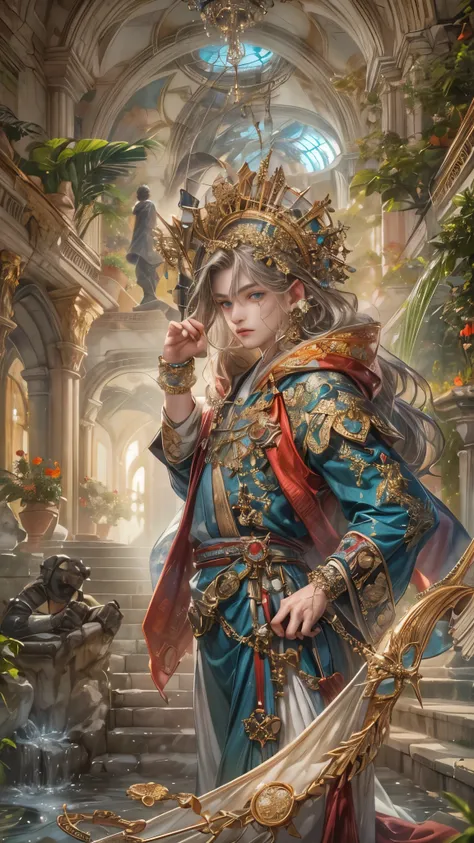 (absurdres, highres, ultra detailed, HDR), masterpiece, Intricate details,best quality close-up picture of a character from tear ring saga, handsome adult boy in tim burton style, anime eyes, Hero Outfit, in a legend of mana style of interior home design, ...