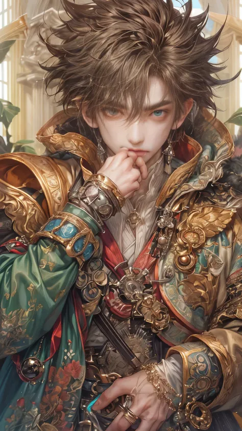 (absurdres, highres, ultra detailed, HDR), masterpiece, Intricate details,best quality close-up picture of a character from tear ring saga, handsome adult boy in tim burton style, anime eyes, Hero Outfit, in a legend of mana style of interior home design, ...