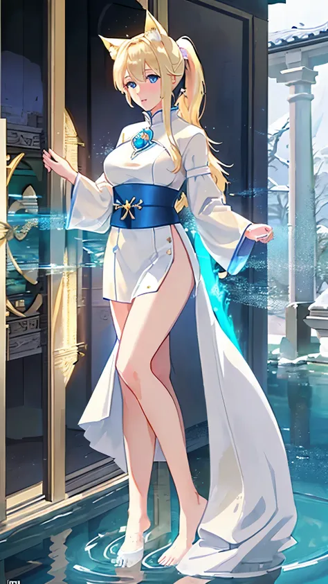 Blonde girl, pony tail, water mage, healer mage, praying, on knees, entrance of a temple, five fingers, exposed breasts, white dress, realistic anime style, exposed legs, cloudy, fox ears, really close portait, snow falls, blue eyes, looks at viewer, water...