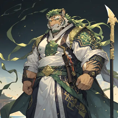 (淡翠色tiger),(翠绿色森林绿general古代战袍),holding a spear,powerful posture,standing confidently and proudly,(the background is an endless s...