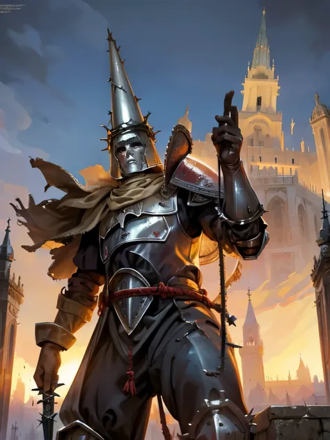 ((blasphemous)), ((the penitent one)), game character, a close up of a man in a helmet and armor standing in front of a castle, ...