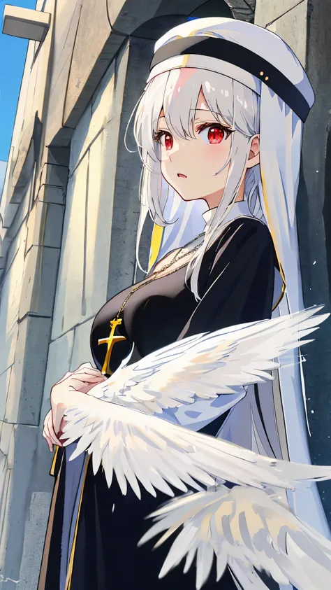 White hair, French baret, nun, exposed breasts, medium sized breast, 19 years old, prays, cross necklace, close portrait, cute anime girl, red eyes, white angel wings, praying