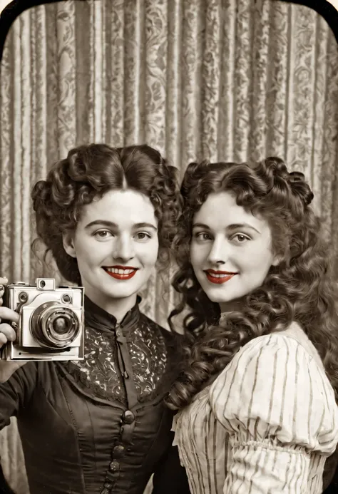 woman with Taking selfie in mirror with camera, 1880s, vintage, Victorian era clothing, curly hair, Caucasian. stone-wall Vintage, (black and white image:1.2), smiling red-lips vintage selfie, 1880s, low quality.