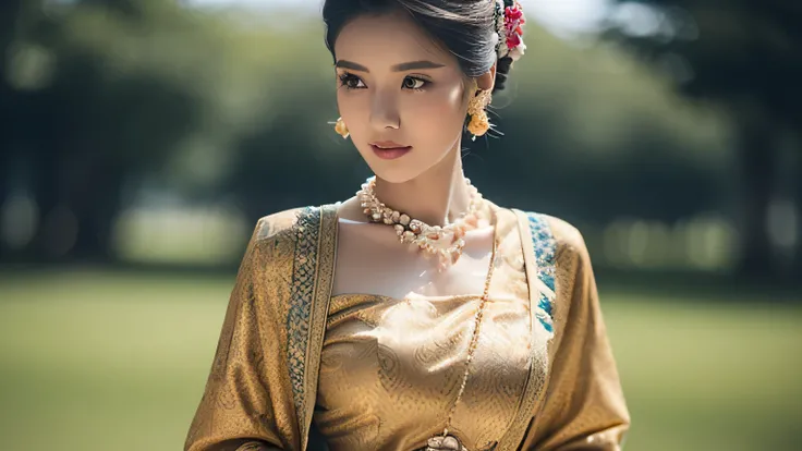 (best quality,4k,8k,highres,masterpiece:1.2),ultra-detailed,(realistic,photorealistic,photo-realistic:1.37),stunning Burmese patterned traditional dress lady, MMTD BURMESE PATTERNED TRADITIONAL DRESS WEAR BEAUTIFUL queen,WEAR PEARL NECKLACES AND GOLD BRACE...