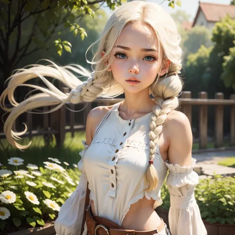  girl，country，white top，Upper body，long braid ，delicate facial features，charming --auto