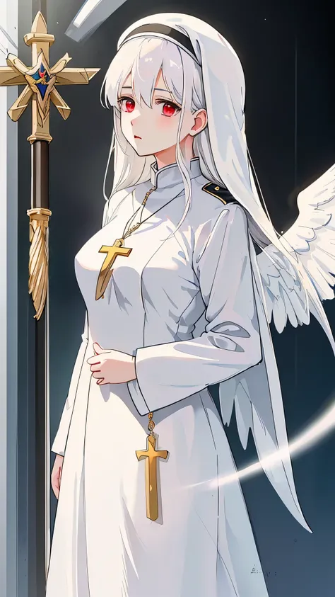 White hair, French baret, nun, exposed breasts, medium sized breast, 19 years old, prays, cross necklace, close portrait, cute anime girl, red eyes, white angel wings, praying, holds Asklepios Staff golden, 