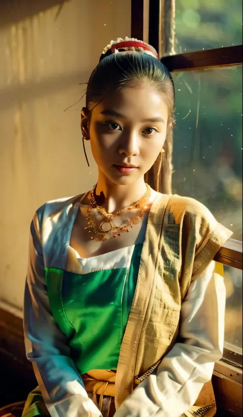 Myanmar lady, 35 years old, wearing traditional clothes, green clothes, wearing pale necklaces, nature light, sun light, near windows, shadow, sexy body , half body, hyper realistic, sun light, lower camera angle, not looking camera, golden theme 