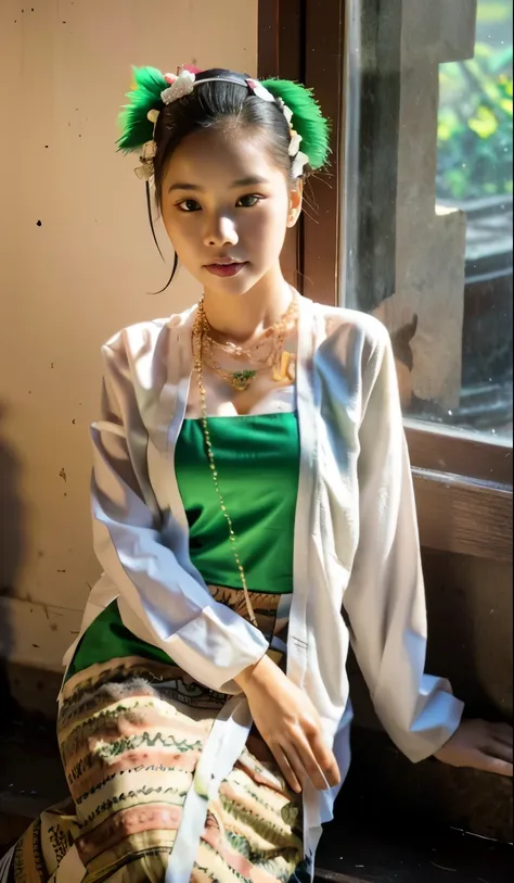 Myanmar girl, 35 years, wearing traditional clothes, green clothes, wearing pale necklaces, nature light, sun light, near windows, shadow, sexy body , half body, hyper realistic, sun light, lower camera angle, not looking camera 