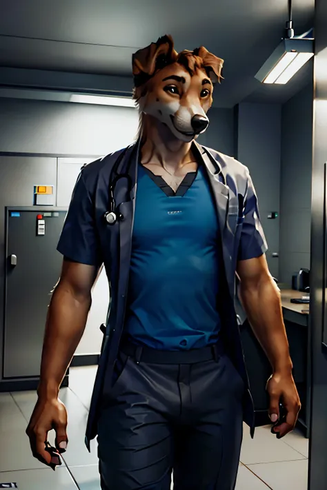 greyhound medic, male anthropomorphic grey hound, male dog doctor in a busy hallway, photo realistic, epic realistic, hyper real...