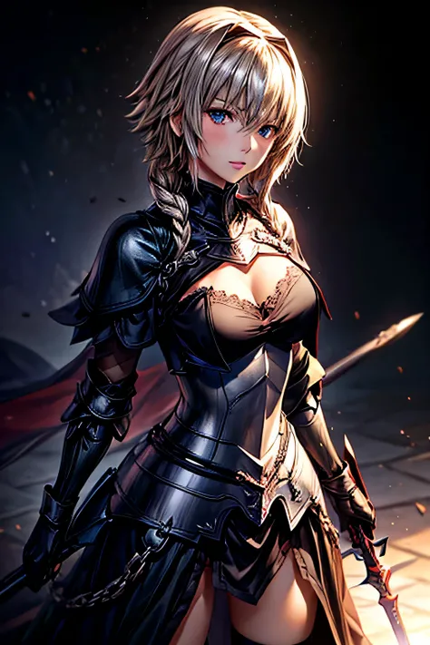 highest quality, masterpiece, PHALTER, shrine, 1 girl, alone, Dark Weapon, dark armor dress, show viewer, Dark Weaponを装備, dark colored gloves, hair between eyes, black dress, chest plate, black armor, side lock, bangs, french braid, parted lips, plump slee...