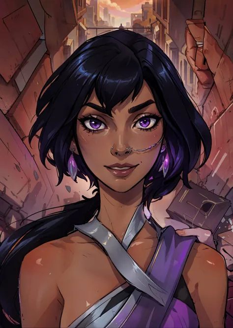 masterpiece, best quality, purple eyes, nilah \(league of legends\), 1girl, black hair, face portrait