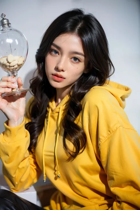  white teen with black wavy hair, almond shaped blue eyes a diamond face shape a pointy nose, and hourglass figure, and an oversized mustard yellow hoodie