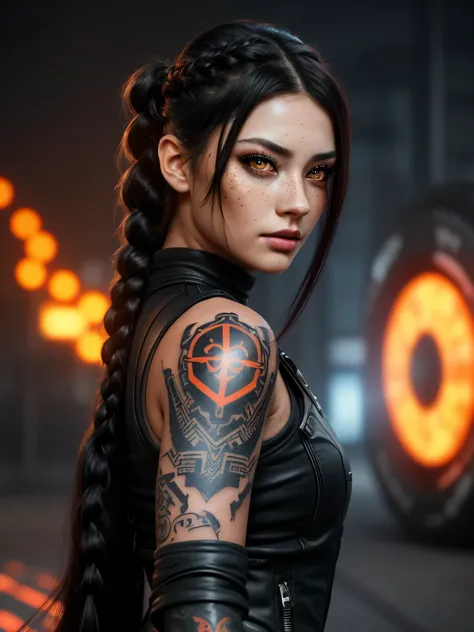 a photorealistic photo of a stunning 25 years old woman with a tattoo on her face and a long black hair, closeup side view, dynamic pose, fiery eyes, hyper realistic glowing vivid lava-colored eyes with dark-rimmed pupils, rune tattoos on the fronthead and...