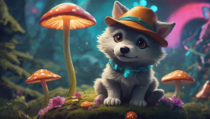 Bizarre Scene: cute wolf pup sitting on a dimly lit bioluminescent mushroom wearing a glowing hat., Surrounded by colorful and playful decorations. Cute pose, charming and pleasant wishes, Bright and lively decoration, Mysterious magical world, Rich dark b...