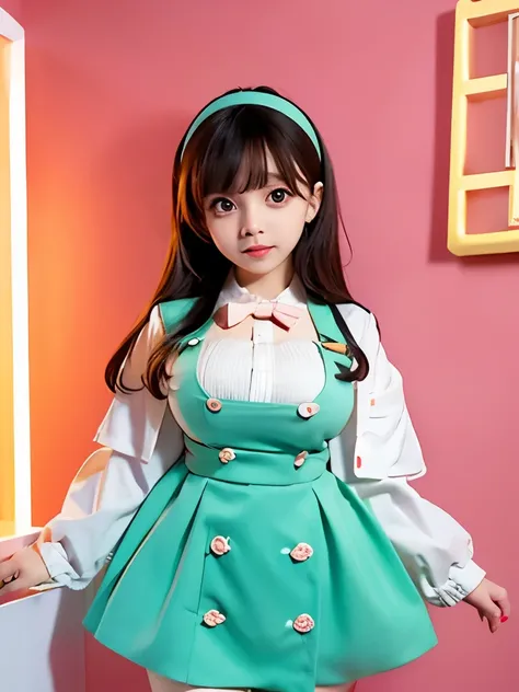 Cute busty  with big eyes, large head,  wearing a cute outfit with large eyes and big head tiny body 