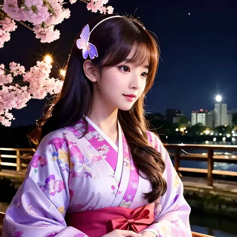 Beauty、beautiful woman、butterfly々hair ornament、night、full moon、full moon、cherry blossoms、cherry blossoms柄、kimono、Japanese clothing、kimono、beautiful、butterfly々、butterflyが沢山、beautiful、Sparkling、pink、purple、long hair、fantasy、cherry blossoms、pink、purple、Severe...