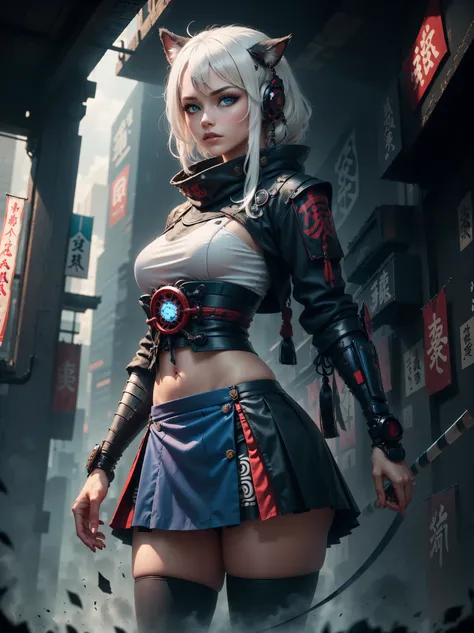  com cabelo longo, ((((White Hair))), highlights in blue, (((blue eye))), pupila de gato, orelha de raposa, roupa preta, cyberpunk, full body, perfect hand, perfect face, perfect body, ((highlights in blue)), perfect eye, olhos detalhados, ((shinobitech, s...