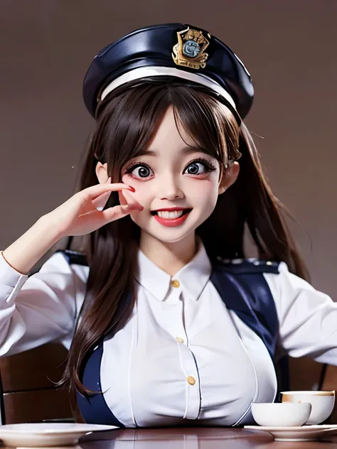 Hyper realistic photo, Cute busty  girl with big eyes, large head,  as a Playboy model wearing a cute police uniform with large eyes and big head tiny body laughing at a tea party 